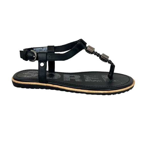 Sorel Womens Flat Ella T Strap Sandals  Size 6.5  Black Macrame & Leather Beaded - Picture 6 of 10